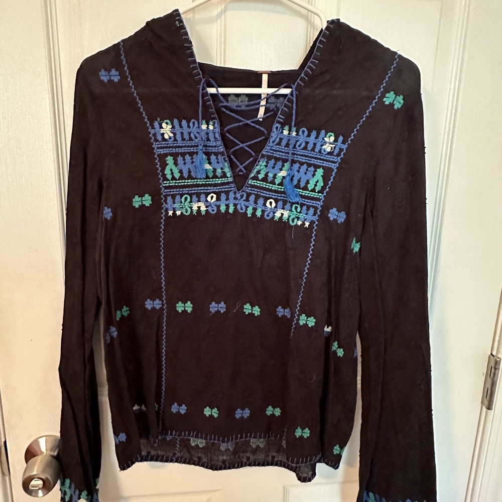 Embroidered Black and Blue Women's Top